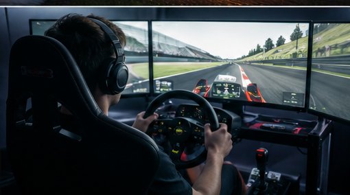 A driver behind the wheel of the full-motion sim rig with triple screens