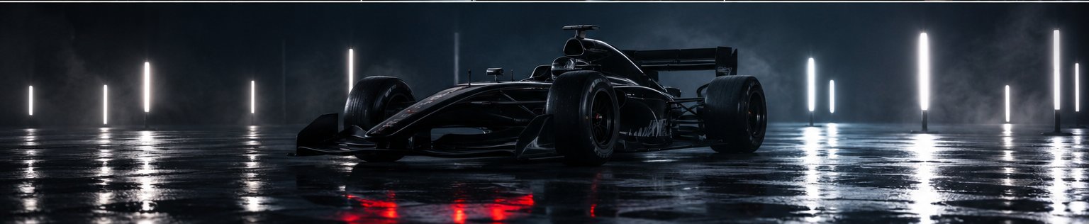 An open-wheel formula car under dramatic lighting